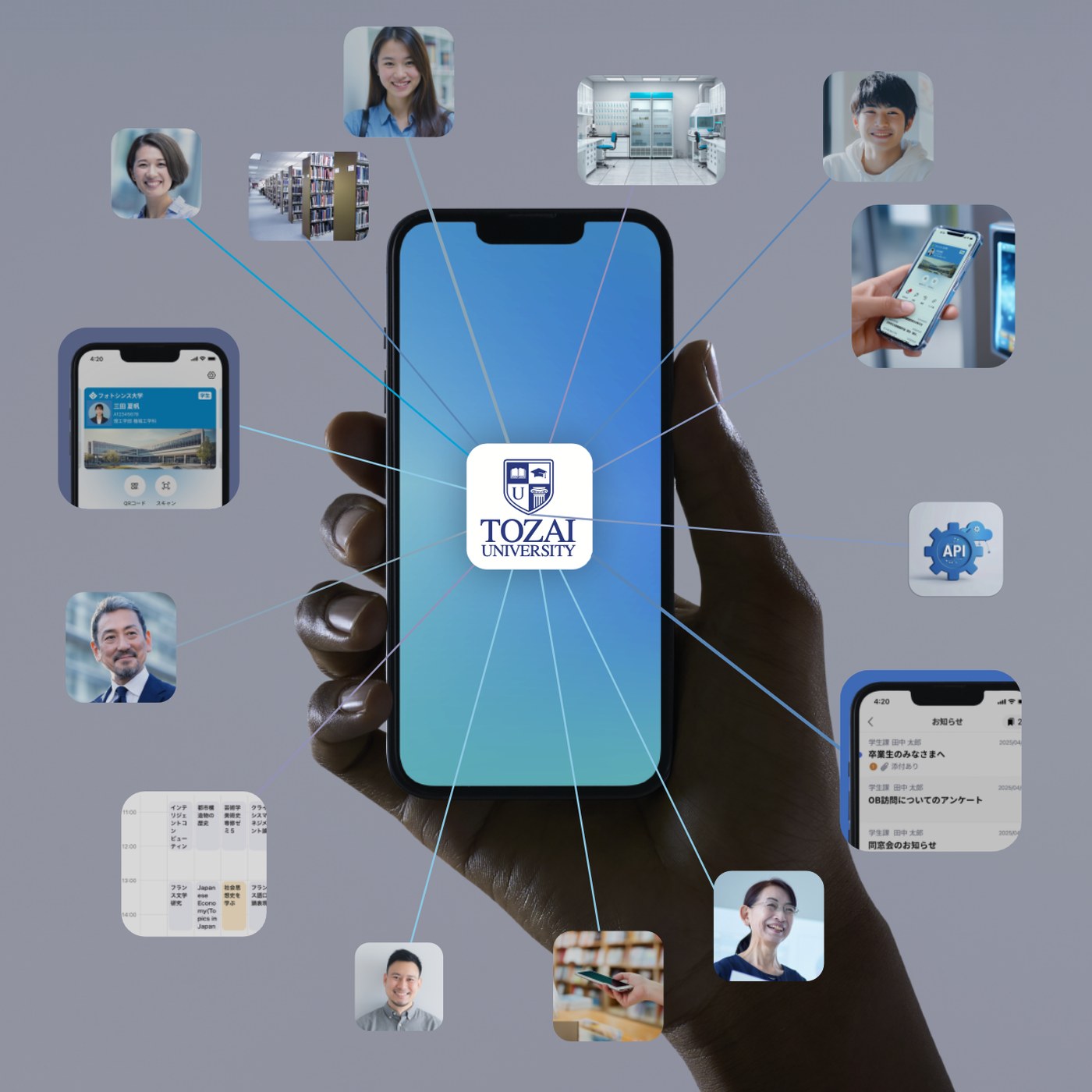 1台のスマートフォンを中心に、受験生・在学生・卒業生・教職員・保護者と、デジタル学生証・お知らせ・時間割・入退室管理・APIがつながっているイメージ